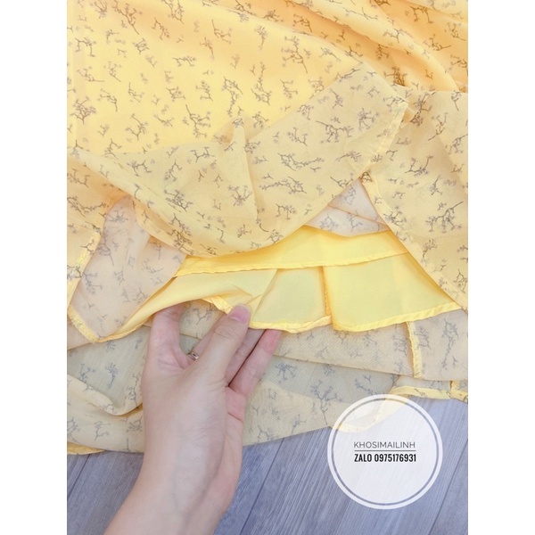 Đầm voan vàng dáng dài 2 lớp thắt dây eo