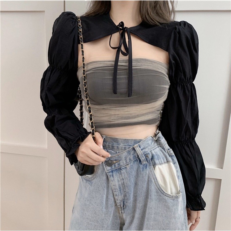 Áo Croptop [Tiệm Vải Xinh] Áo Quây Ngực Ren Mix Áo Dài Tay Nơ Buộc Cổ CT002