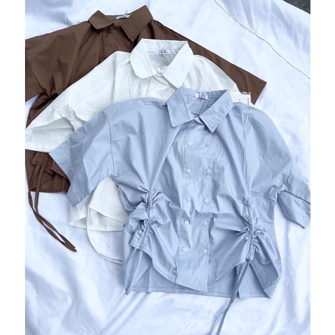 Áo Croptop Sơ Mi Cộc Tay Thiết Kế Dây Rút Nữ Tính Ngọt Ngào