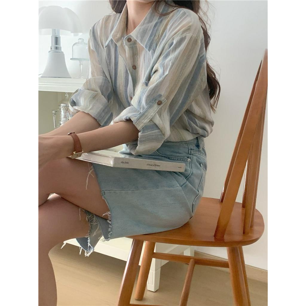 Áo polo Chống Nắng Dáng Rộng Tay Dài Kẻ Sọc 65335 Dễ Phối Đồ