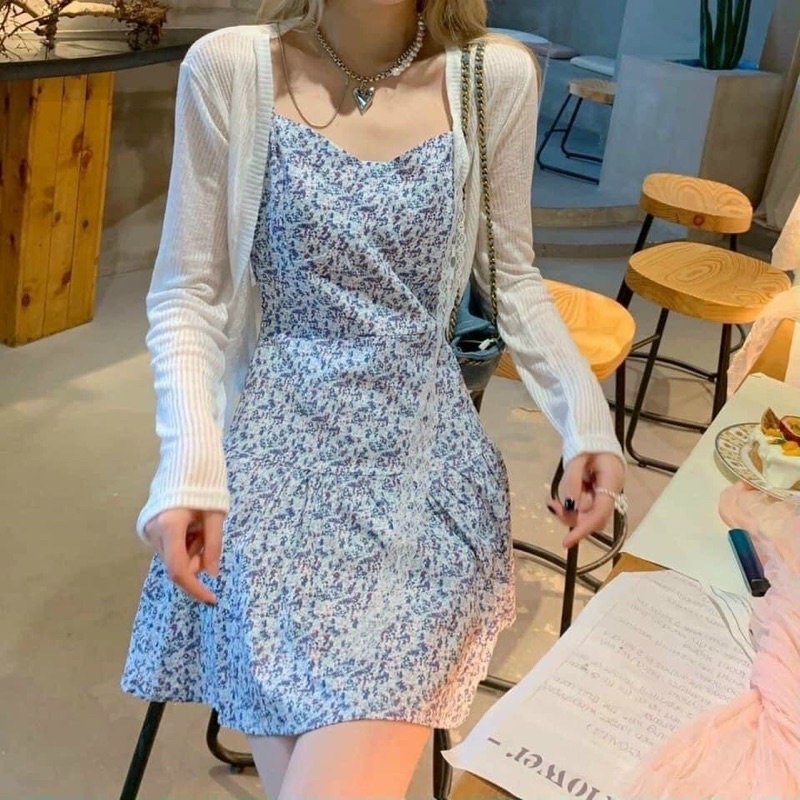 Set đầm hai dây hoa babydoll kèm áo khoác trắng cardigan