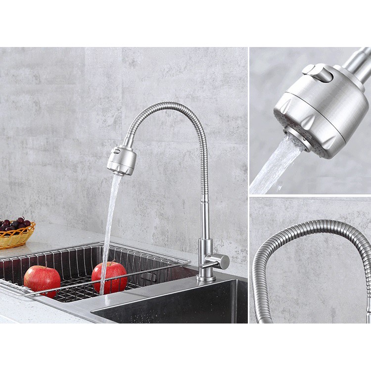 Vòi rửa chén lạnh lò xo dẻo inox 304, vòi chén dẻo, 2 chế độ nước, tăng áp