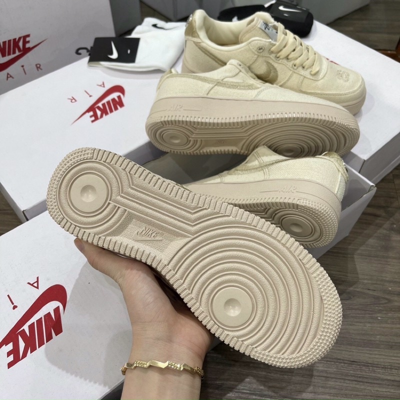 Giày Air Force 1 Low Stussy Fossil, Giày AF1 Vải thêu hot trend 2023 Full Box