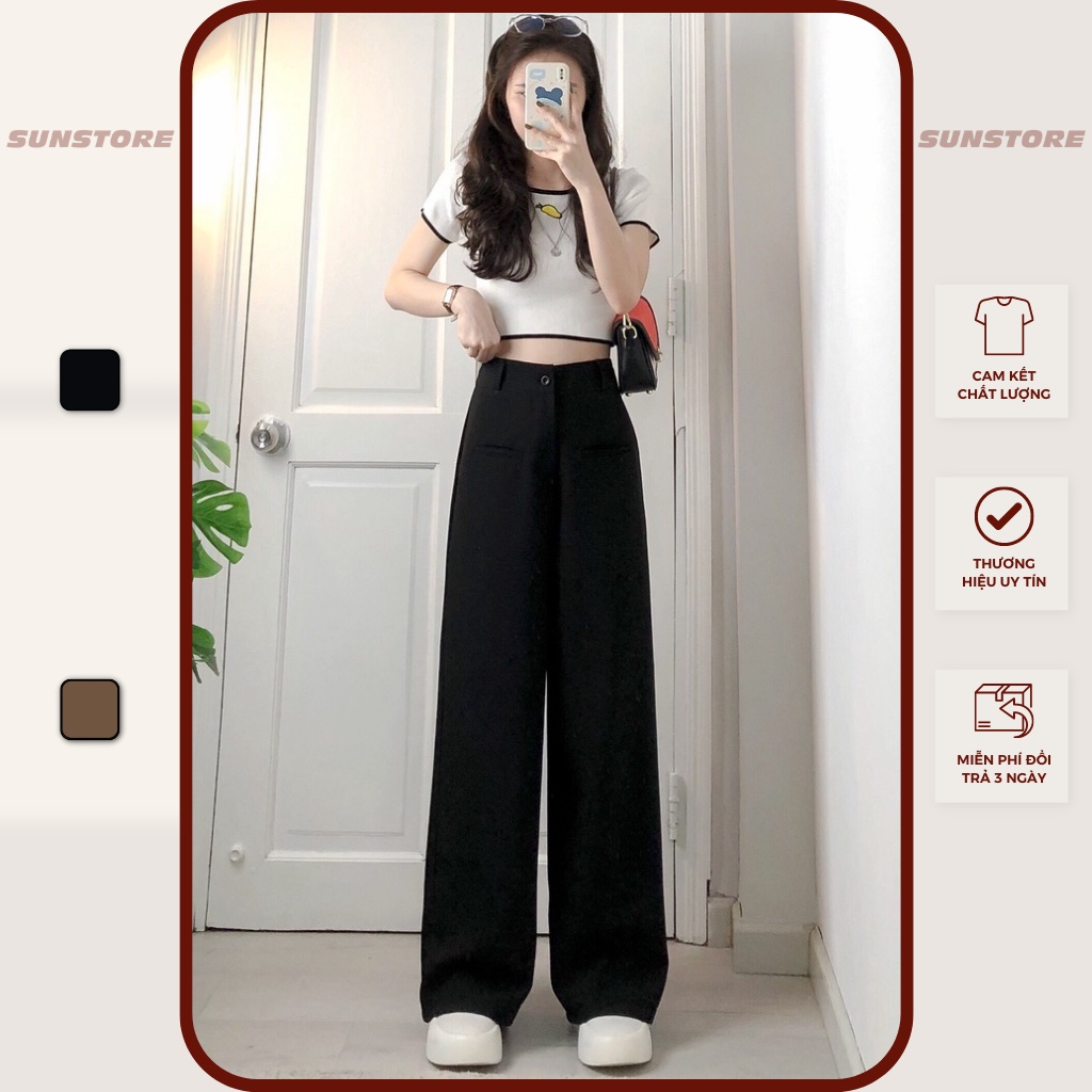 Quần ống rộng nữ lưng cạp cao dáng suông dài túi mổ culottes cài nút chất rũ màu đen và nâu THRE PANT