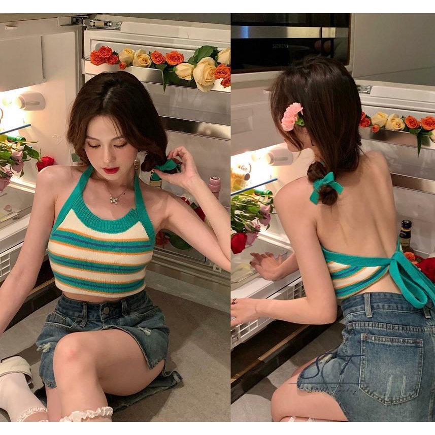 Áo lửng cổ yếm họa tiết sọc ngang thời trang quyến rũ dành cho nữ