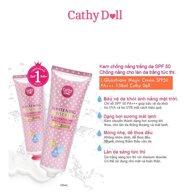 Kem chống nắng trắng da Cathy Doll L-Glutathione Magic Cream SPF50 PA+++