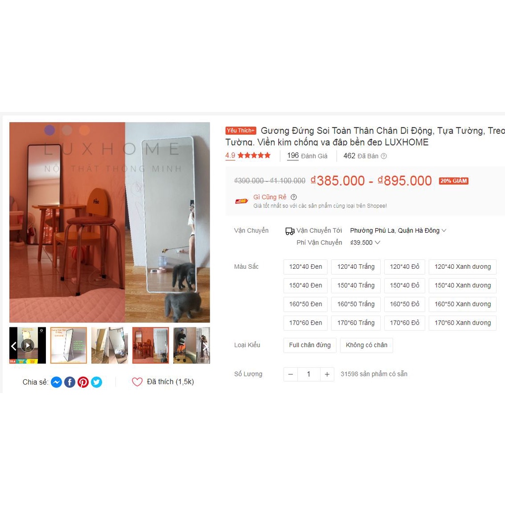 Gương Đứng 120*40cm LUXHOME Viền nhỏ có Chân đứng &amp; Tựa tường &amp; Treo tường.