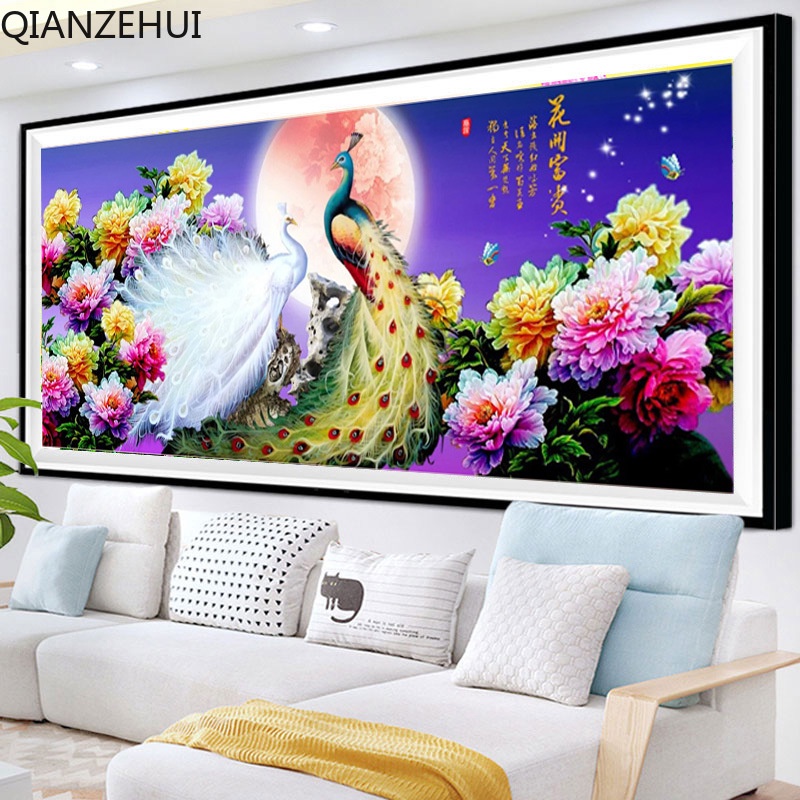 Bộ Tranh Thêu Chữ Thập diy 11ct Hình Hoa Nở Tài Lộc Mặt Trăng Con Công Đầy Đủ