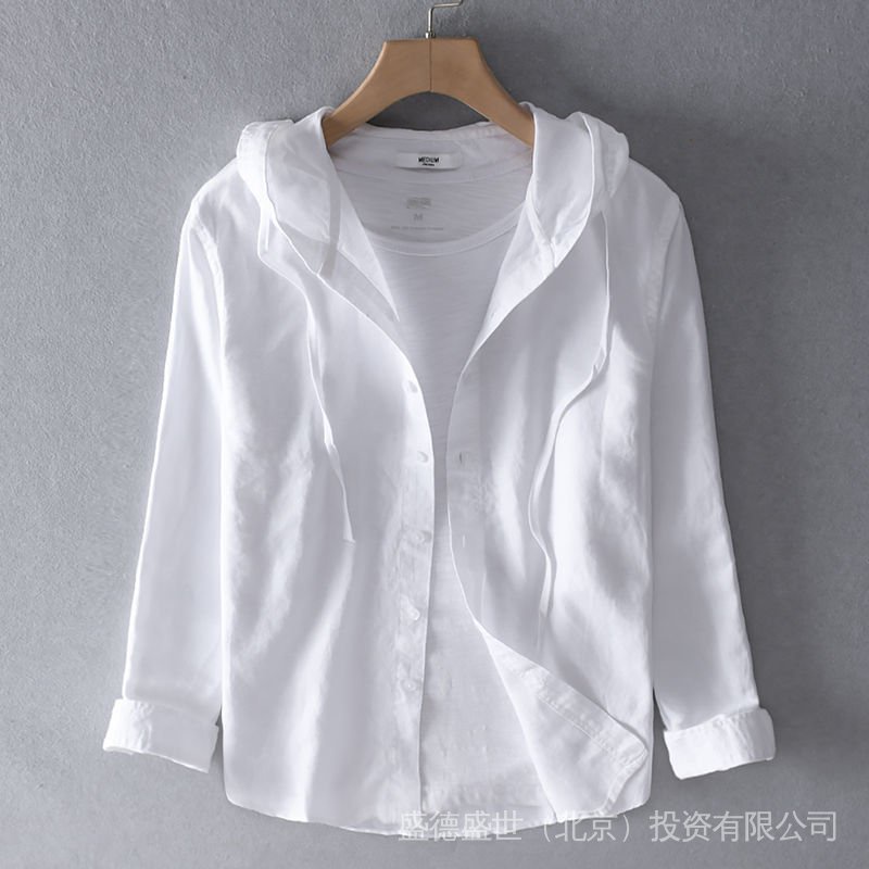 Áo Sơ Mi Chống Nắng Tay Dài Dáng Rộng Có Mũ Trùm Chất Liệu Cotton Lanh Màu Trơn Thời Trang Xuân Hè Cho Nam