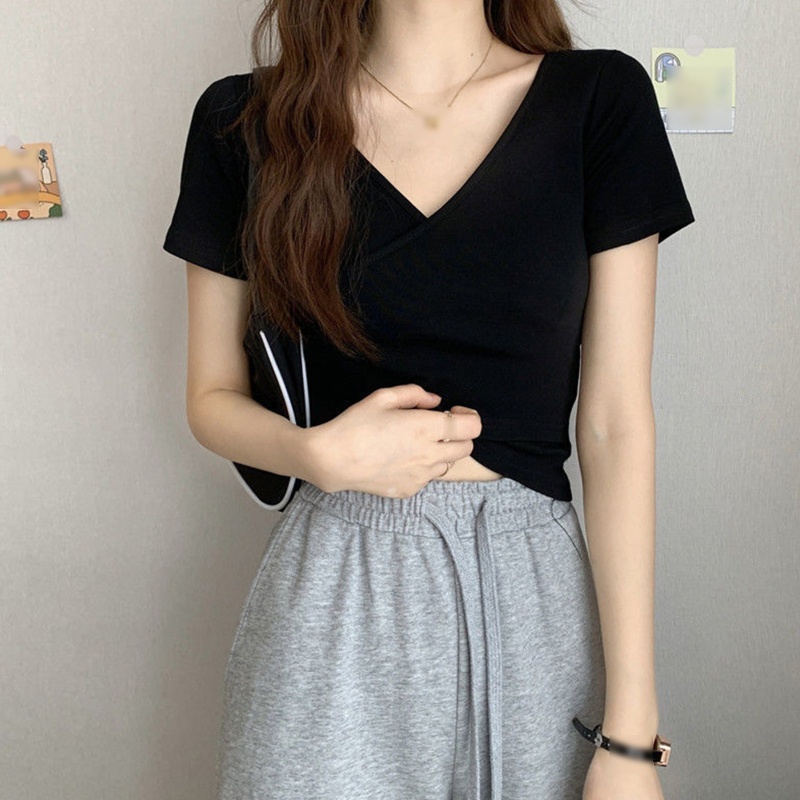 Áo Thun Lửng Ngắn Tay Cổ V Sâu Phong Cách Quyến Rũ Dành Cho Nữ