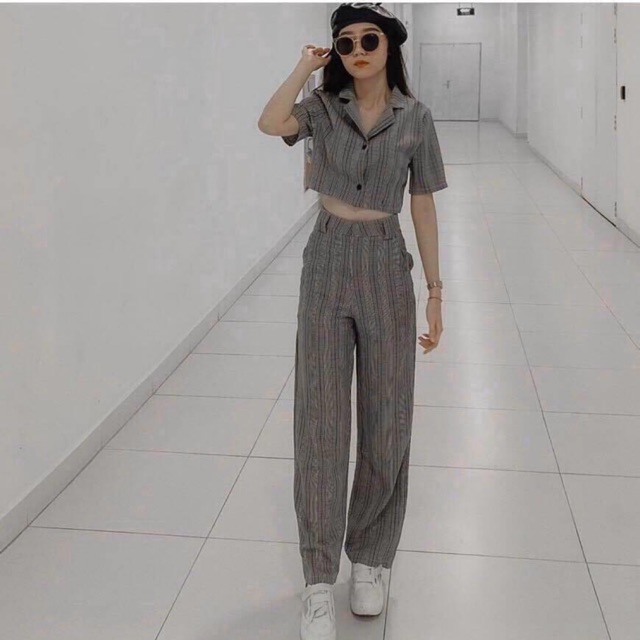 Sét bộ kate thái sọc kẻ phối áo cổ ves croptop