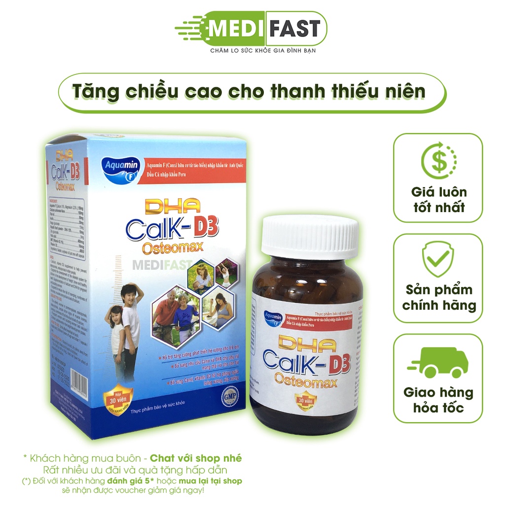 Canxi tăng chiều cao cho trẻ từ 10 tuổi, thanh thiếu niên, bổ sung Canxi D3 dễ hấp thụ - DHA Calk-D3 Osteomax - Hộp 30v.