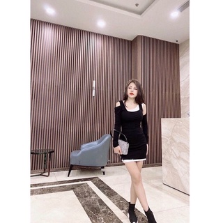 Đầm body dài tay trắng pha đen khoét vai cá tính