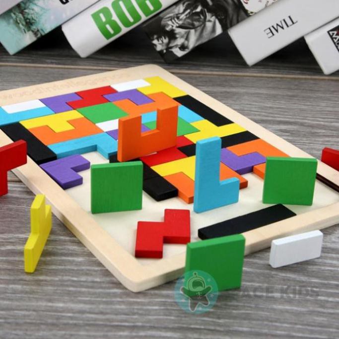 Đồ chơi gỗ thông minh cho bé ghép hình gỗ Tetris, đồ chơi giáo dục montessori Space Kids