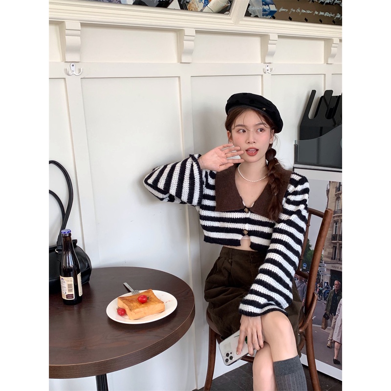Kumikumi Áo Khoác cardigan Họa Tiết Kẻ Sọc Màu Sắc Tương Phản Phong Cách Hàn Quốc Thời Trang Cho Nữ