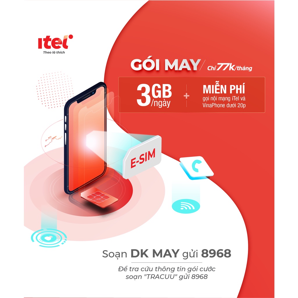 Sim eSim 4G 3G Data vào mạng Vina Itelecom dùng cho điện thoại dcom May 77 3gb/ngày 1000p nội mạng miễn phí tháng đầu