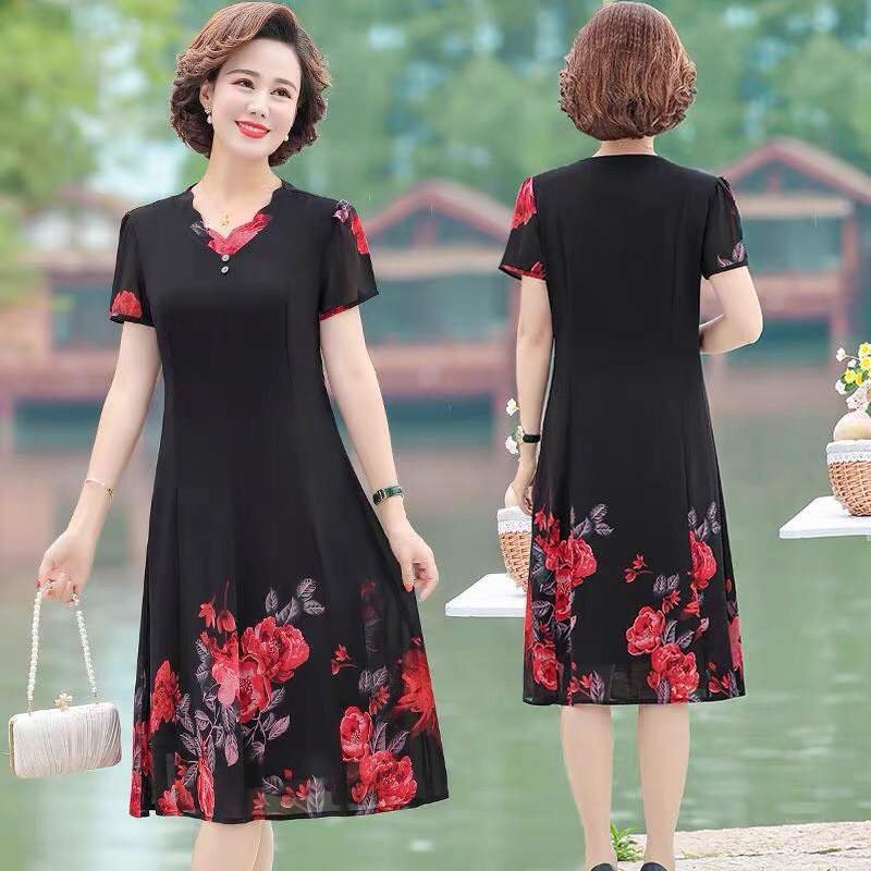 Váy Đầm trung niên nữ cho mẹ phối hoa cao cấp  - Áo đầm thời trang dự tiệc dạ hội sang trọng cho người lớn tuổi U40