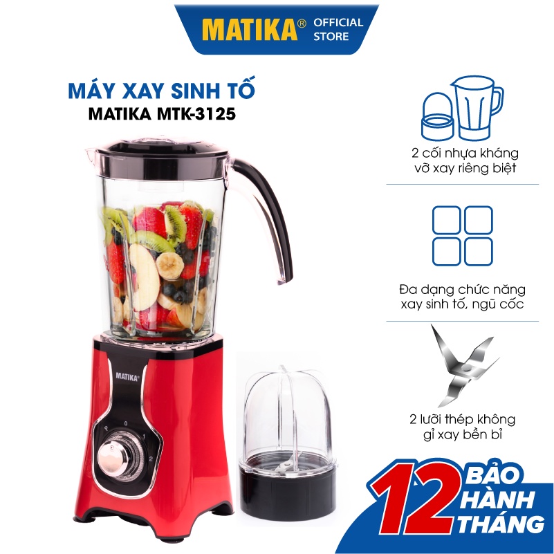 [Mã ELHA22 giảm 6% đơn 300K] Máy Xay Sinh Tố Đa Năng MATIKA 220W 2 Cối MTK-3125