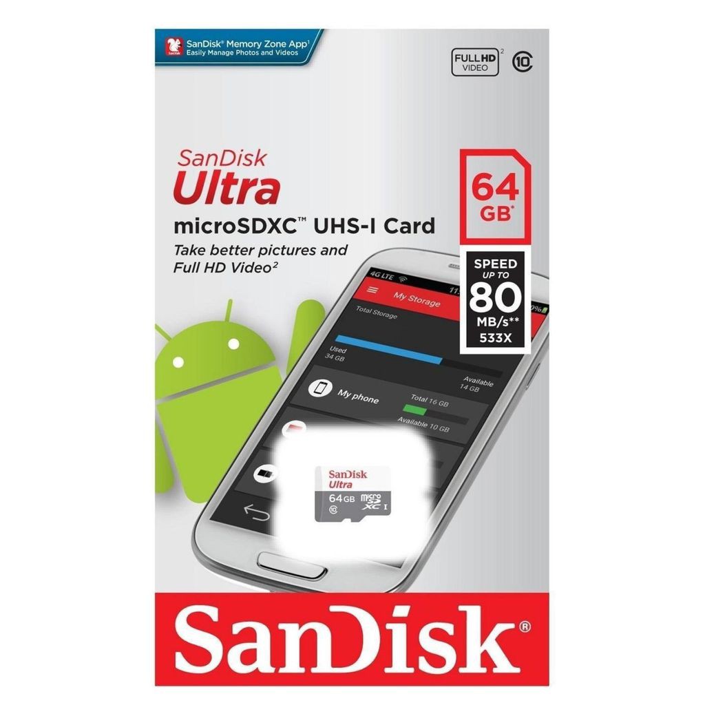 Thẻ nhớ Micro SDXC Sandisk Ultra 64Gb Class 10, Speed up to 80Mbs FULL BOX chính hãng