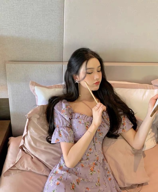 Bigsize S-4XL Đầm tím hoa nhí cổ vuông viền bèo cách điệu