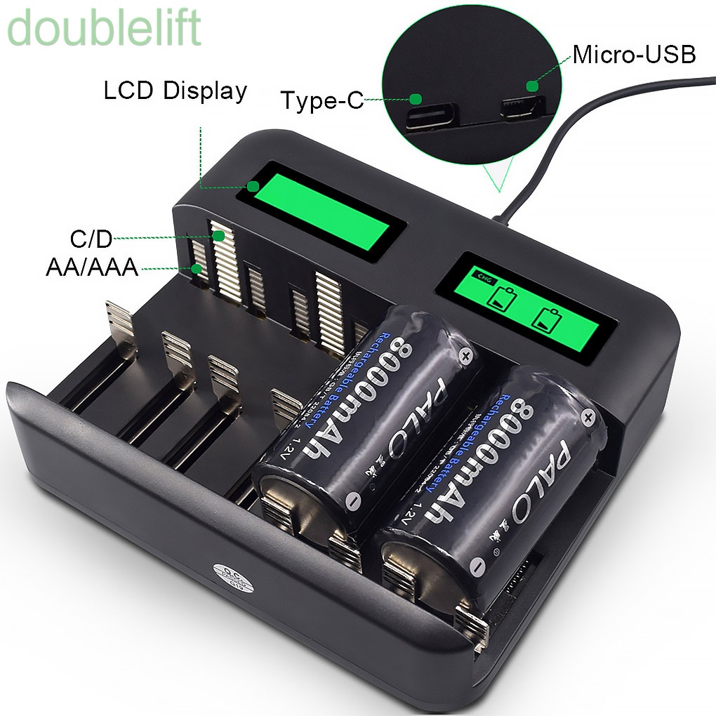 Sạc pin AA/AA/C/D 8 khe có màn hình LCD
