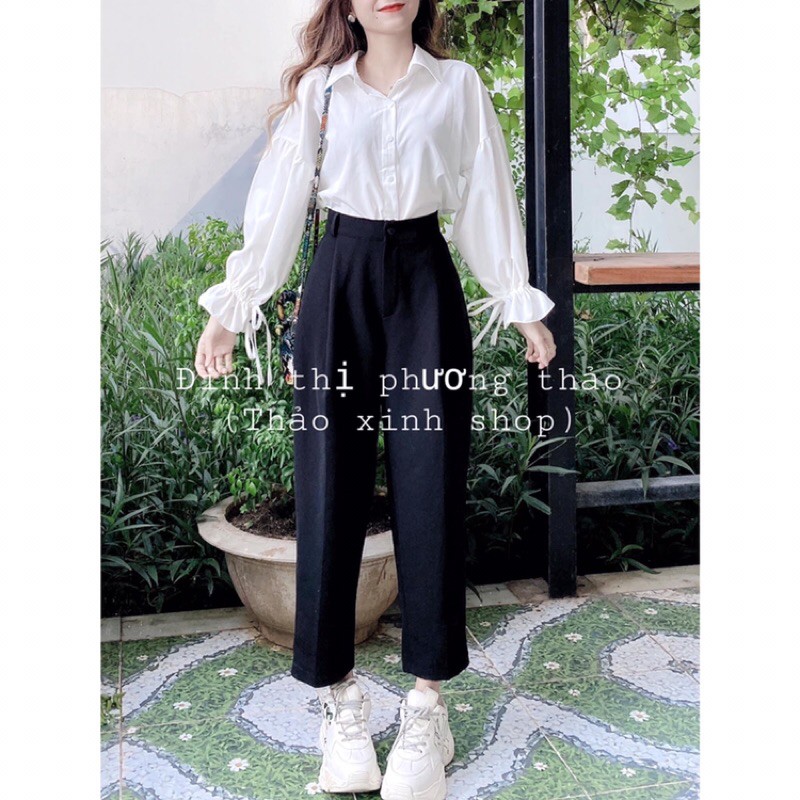 áo sơmi trắng form rộng tay phồng rút dây thắt nơ cổ (ảnh thật) | BigBuy360 - bigbuy360.vn