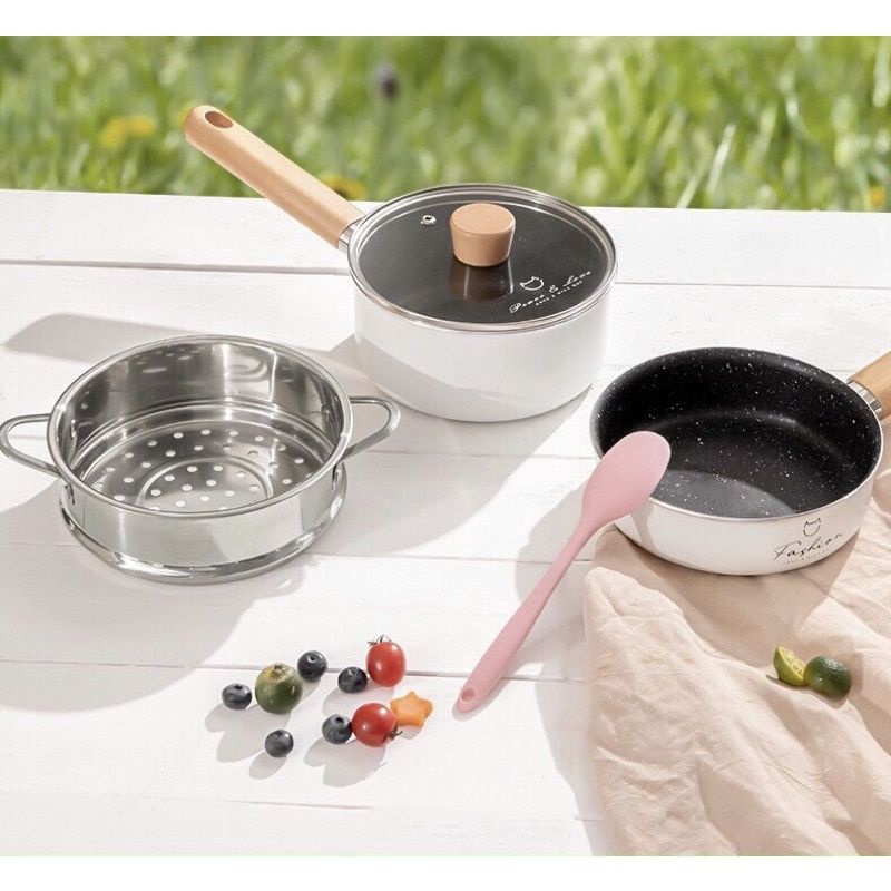 Bộ nồi chảo ăn dặm cho bé kèm xửng hấp 16cm, Bộ nồi chảo nấu ăn dặm Fashion chống dính