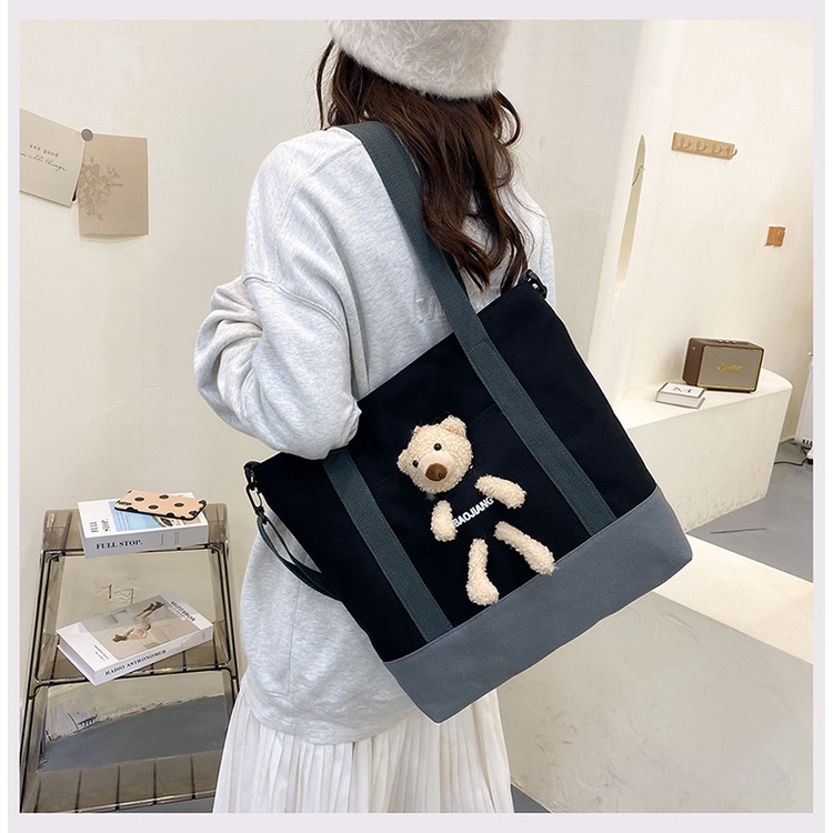 Túi tote vải canvas hình gấu dễ thương, chắc chắn, size lớn đựng lap 15inch, đi học, đi làm