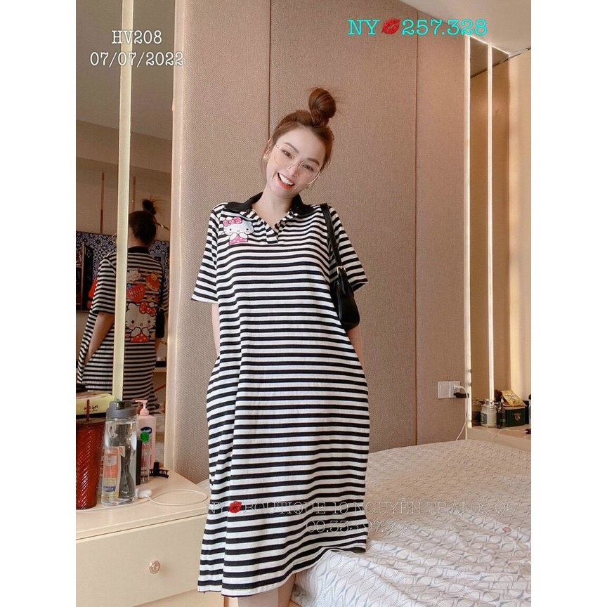 [9.9 Sales Freeship] Đầm polo nữ, đầm suông kẻ sọc ngang cổ bẻ in hình kitty, đầm dáng dài in hình sau lưng dễ thương