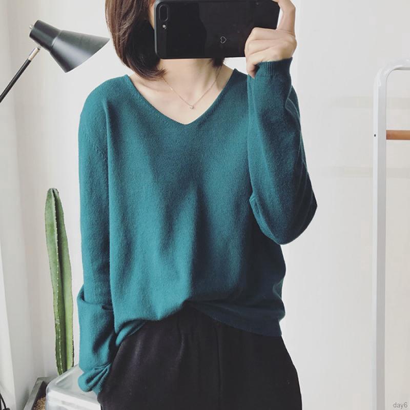 Áo sweater dệt kim tay dài cổ chữ V màu trơn thời trang đơn giản cho nữ