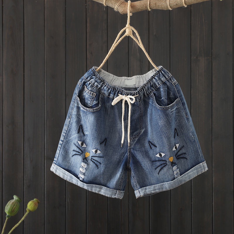 Quần short denim lưng cao dáng rộng thêu họa tiết mẫu mới thời trang mùa hè dành cho nữ 2021