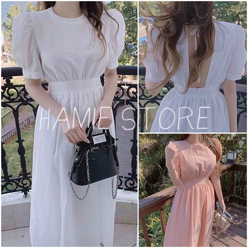 Váy hở lưng đi biển sexy đan dây HSG141, váy maxi tay bồng xòe dài qua gối ôm eo kiểu dáng hàn quốc