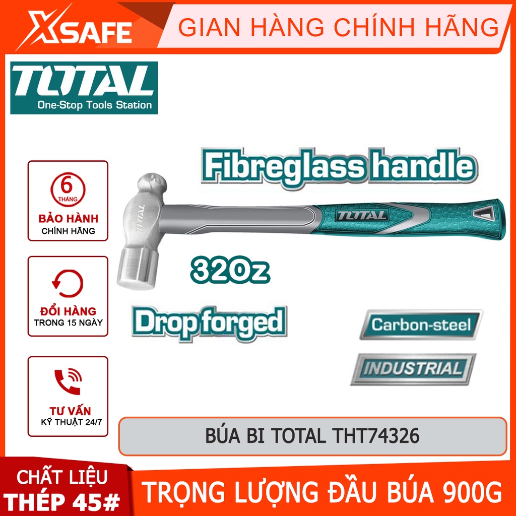 Búa đầu tròn TOTAL THT74326 900g Búa cầm tay đầu bi mini rèn nguyên khối carbon 45#, chịu nhiệt, tay cầm kiểu dáng mảnh