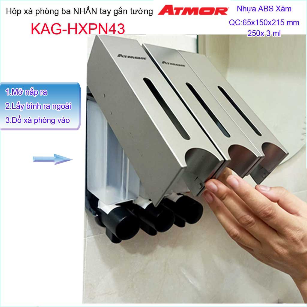 Hộp nhấn xà phòng Atmor KAG-HXPN43-Xám, hộp đựng xà bông 250ml x3 Dark grey nhấn êm thiết kế đẹp siêu bền