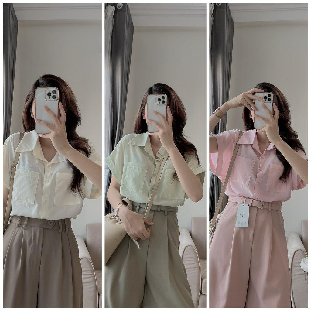 Áo sơ mi nữ 2 túi ngắn tay xinh xắn sẵn