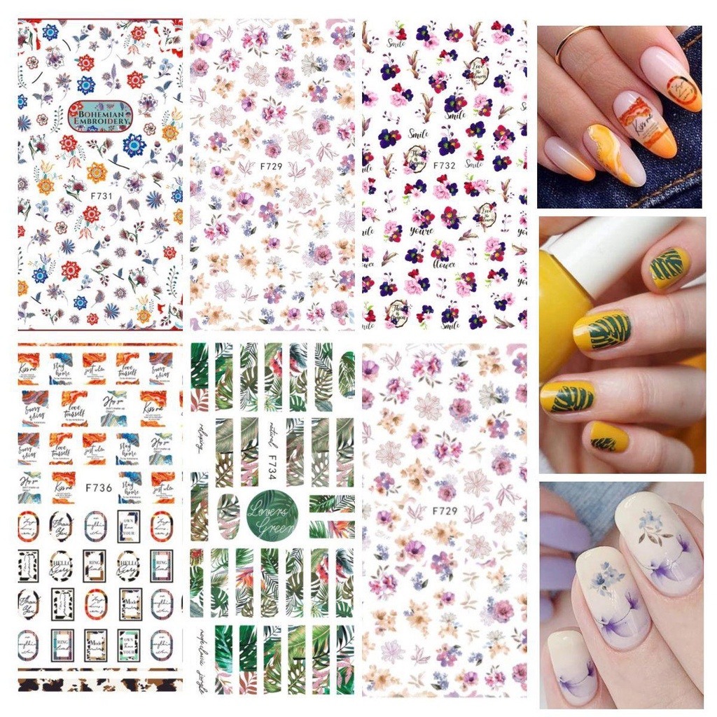 OCEANMAP Miếng Dán Trang Trí Móng Tay 3D Tự Dính Họa Tiết Hoa Lá Xinh Xắn