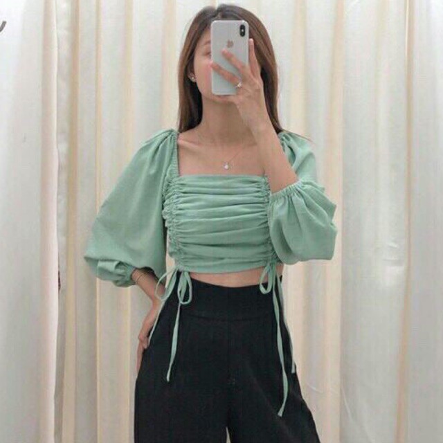 Áo Kiểu Croptop rút dây 2 bên tay dài Thời trang -Ảnh Thật kèm video- Hàng có sẵn