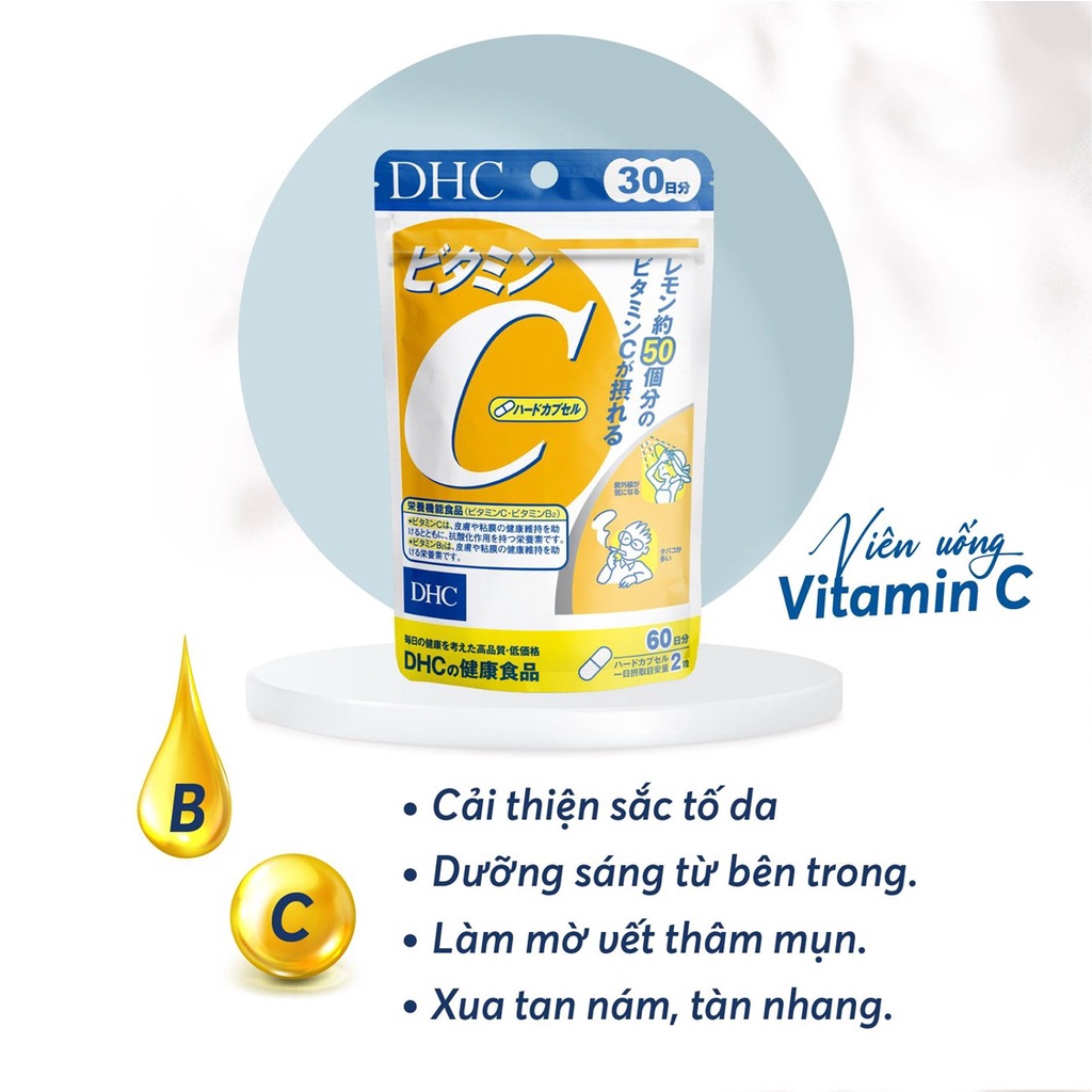 Viên uống vitamin C DHC sáng da mờ thâm, hỗ trợ chống nắng Nhật Bản gói 30 ngày và 90 ngày