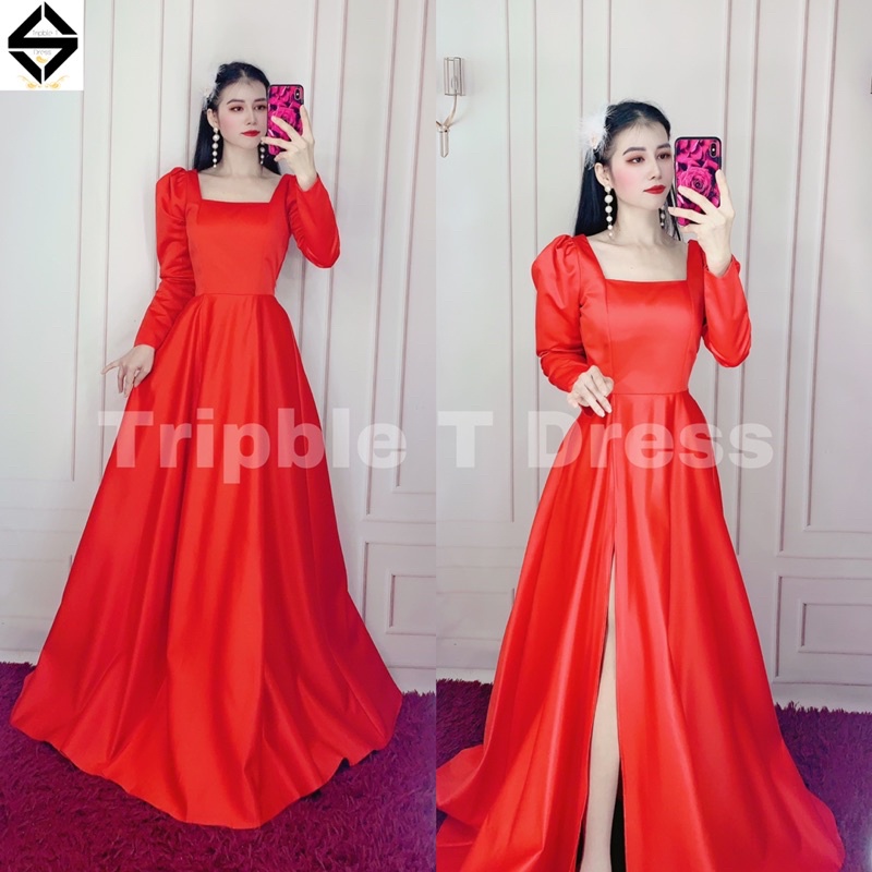 Đầm maxi dự tiệc mặc cưới xẻ đùi tay dài cổ vuông TRIPBLE T DRESS-Size S/M/L- MS284V