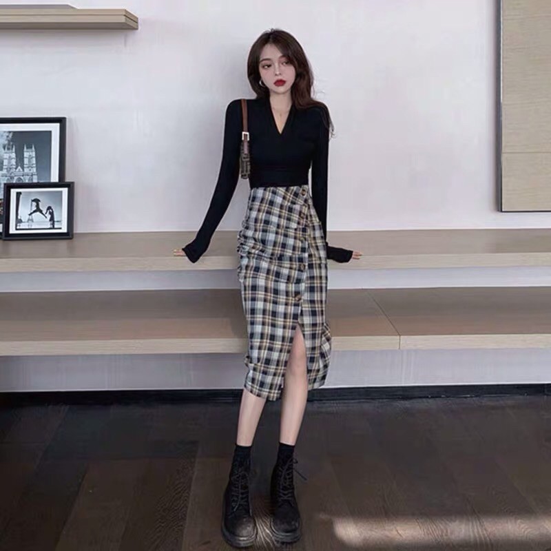 [Ảnh Thật] Set chân váy caro + Áo thun tay dài cực hot