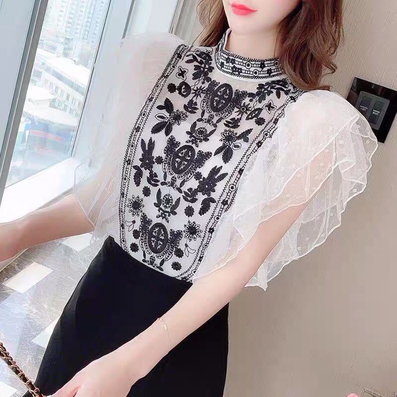 Áo Sơ Mi Aimeehouse Sát Nách Cổ Đứng Phối Ren Lưới Phong Cách Hàn Quốc Cho Nữ