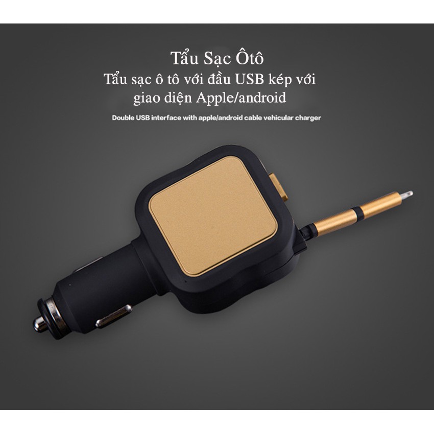 Tẩu sạc dây rút gọn ô tô 2 chân usb và 1 dây sạc thông minh dài 85 cm sẵn chân micro-usb và ip