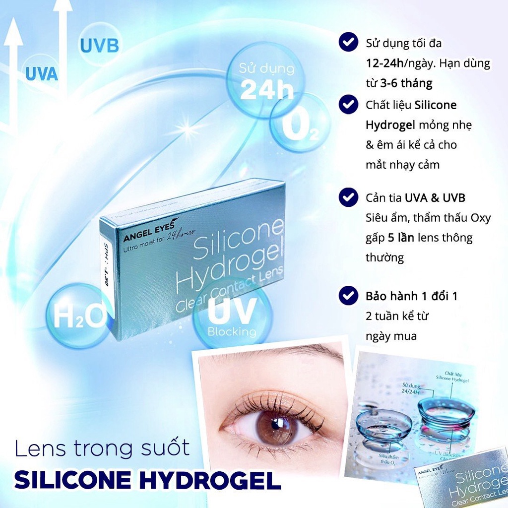 Lens TRONG SUỐT Silicone Hydrogel - Kính áp tròng Angel Eyes, Độ cận 1-10, đeo 24h/ngày - HSD 6 THÁNG