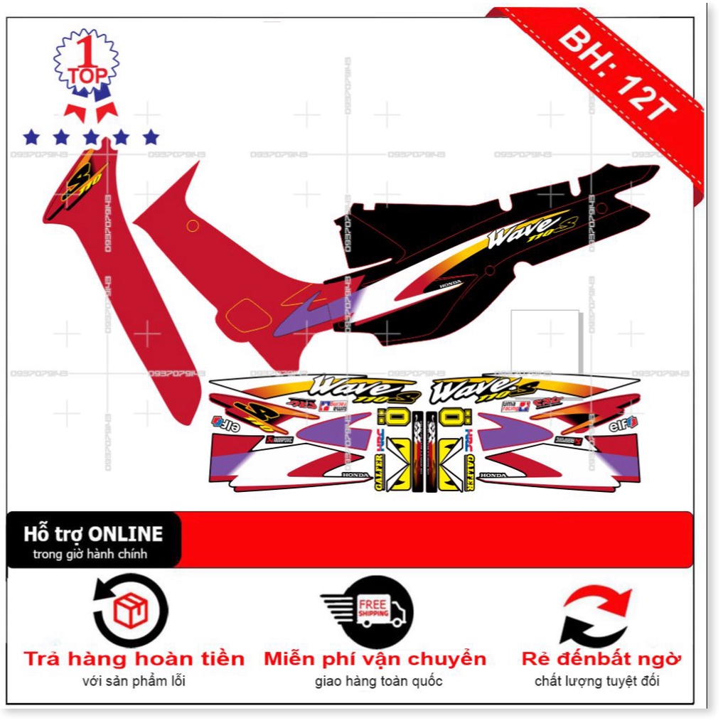 ( Quí khách vui lòng mang ra tiệm cho thợ dán ) Tem wave nhỏ đời đầu 110 đỏ tím đen