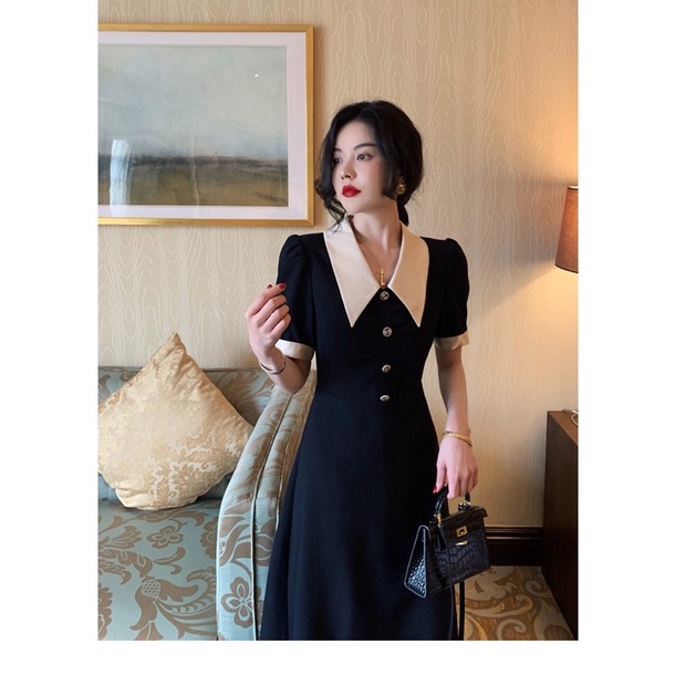 Đầm Váy Midi Đen Cổ Sen Phối Trắng Mặc Đi Làm Đi Chơi