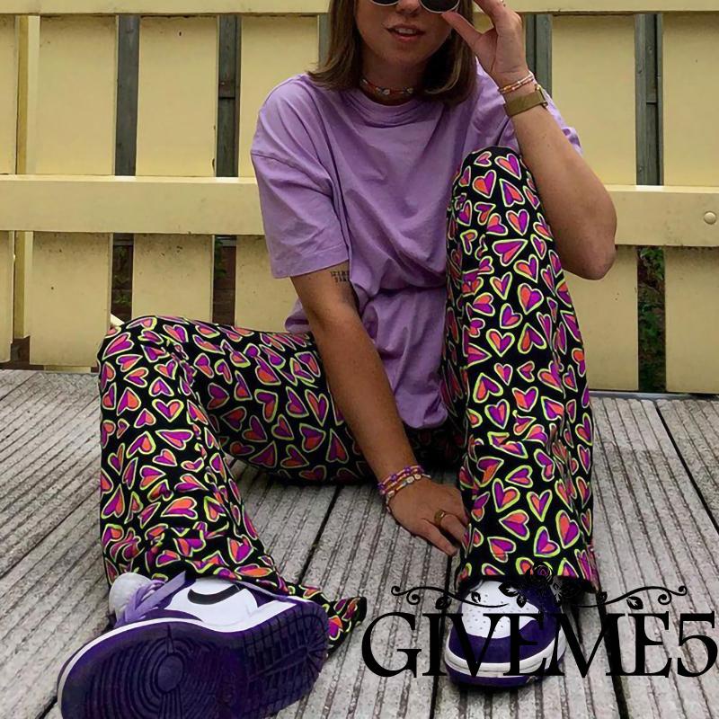 Quần Dài Ống Loe Lưng Cao In Họa Tiết Trái Tim Thời Trang Cho Nữ