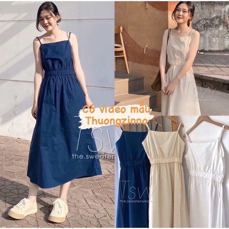 [Ảnh thật/Video]Đầm hai dây thô mềm tôn dáng thiết kế chun eo Váy hai dây chun eo dáng dài