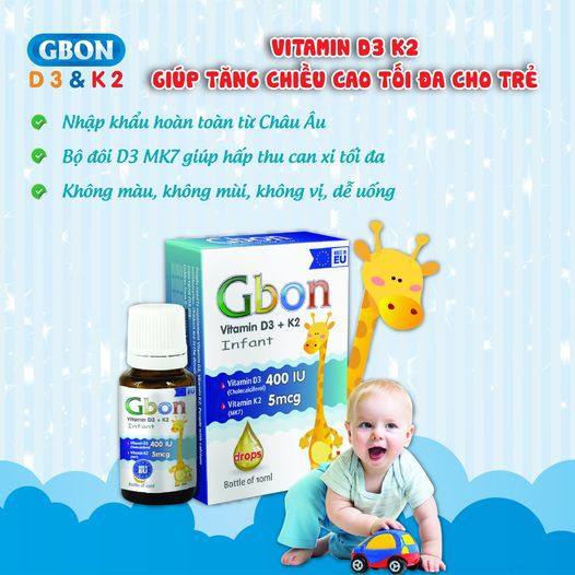 Vitamin D3 K2 GBON – Giúp hấp thụ Canxi, giảm vặn mình quấy khóc, giúp phát triển xương răng cho bé (10ml)