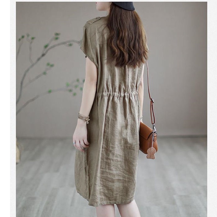 Đầm suông linen cổ trụ phát V hai túi hộp ốp ngực trẻ trung, thời trang dạo phố 2022