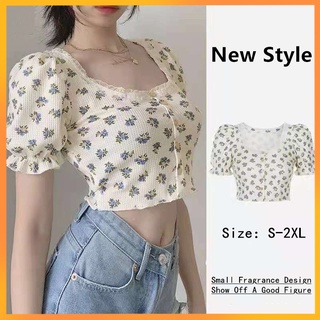 【Giselle】 Áo Croptop tay phồng cổ vuông họa tiết hoa thời trang S-2XL